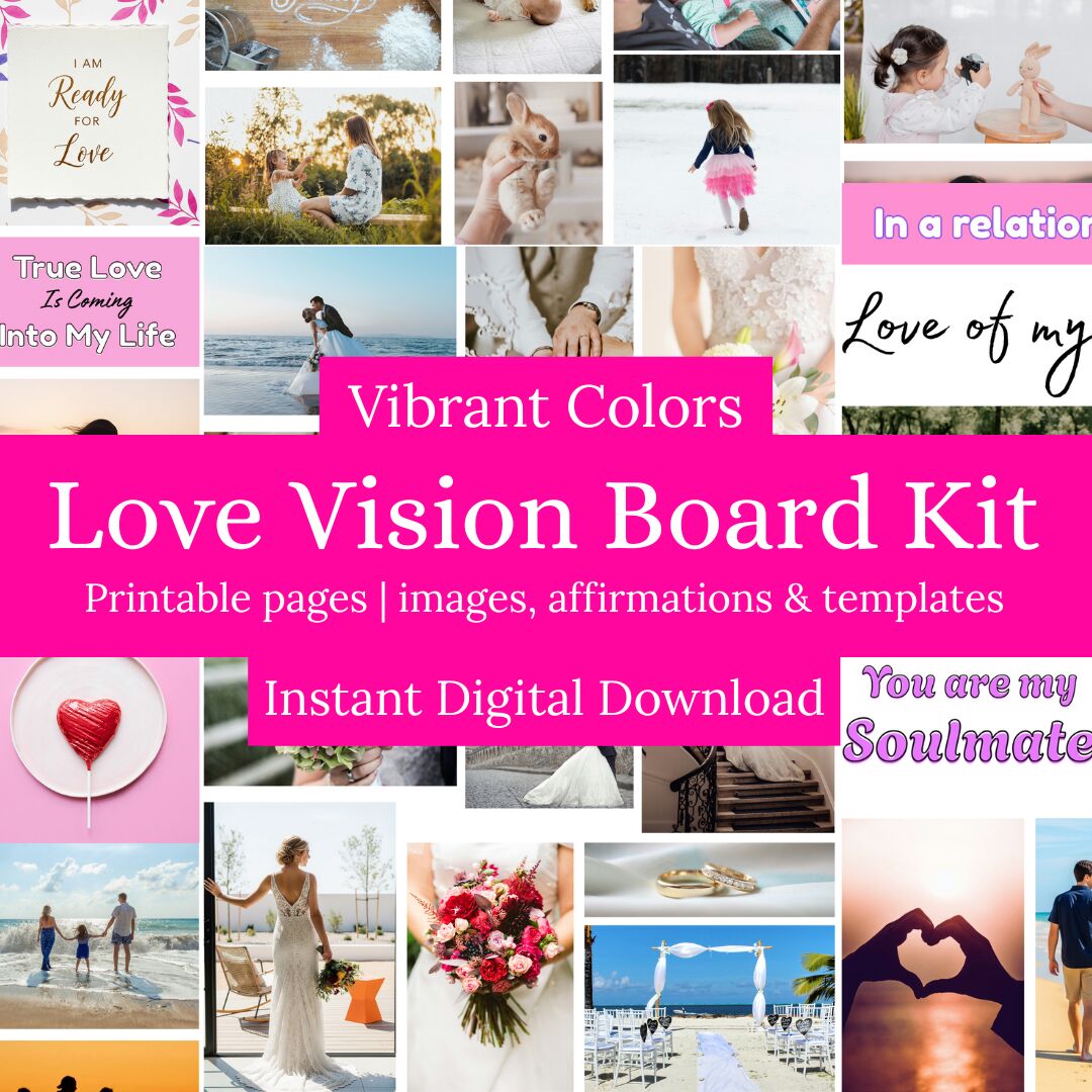 a love and relationships vision board kit with 300 images, in vibrant colors