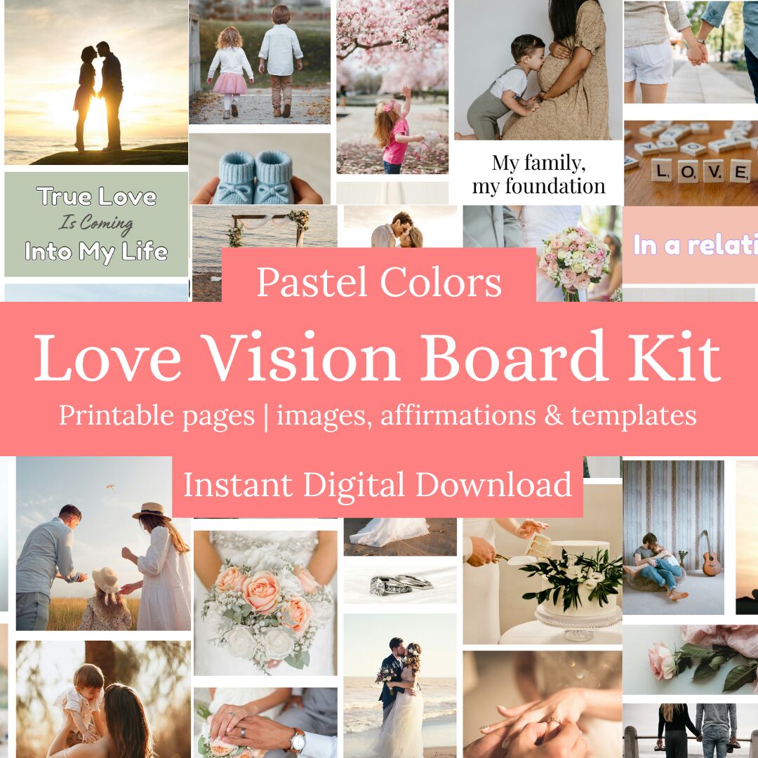 a love and relationships vision board kit with 300 images, in pastel colors,