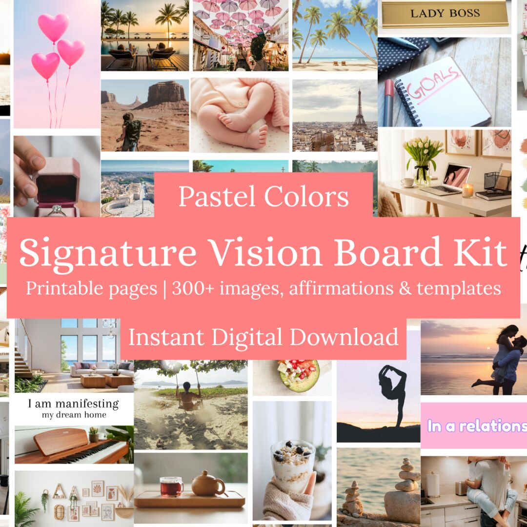 a vision board kit with 300 images, in pastel colors