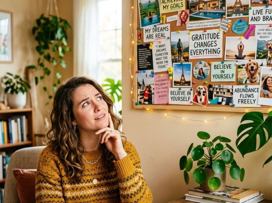 Person building a vision board with goals, images, and motivational elements on a board