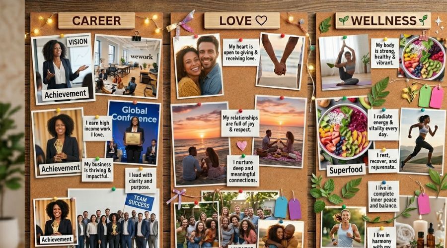 Step-by-step guide showing how to build a vision board that works with images, affirmations and sections