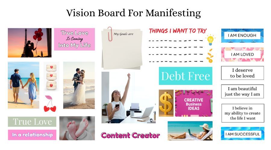 Example of a vision board for manifesting your dream life, with inspiring images, affirmations and goals.